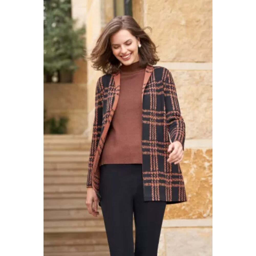 Ming Wang Women's Soft Knit Black Brown Plaid Open Cardigan Sweater Shrug XS